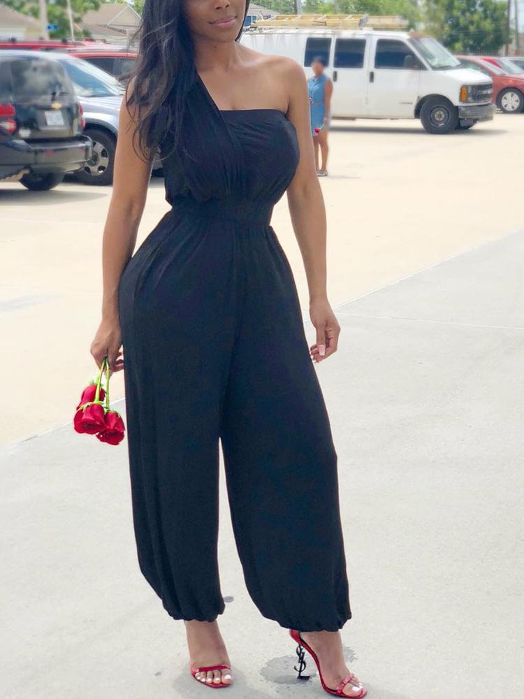 

Solid One Shoulder Puff Leg Jumpsuit