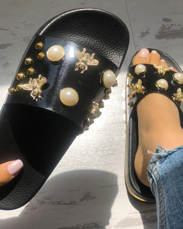 

Shiny Embellished Single Strap Flat Sandals, Black