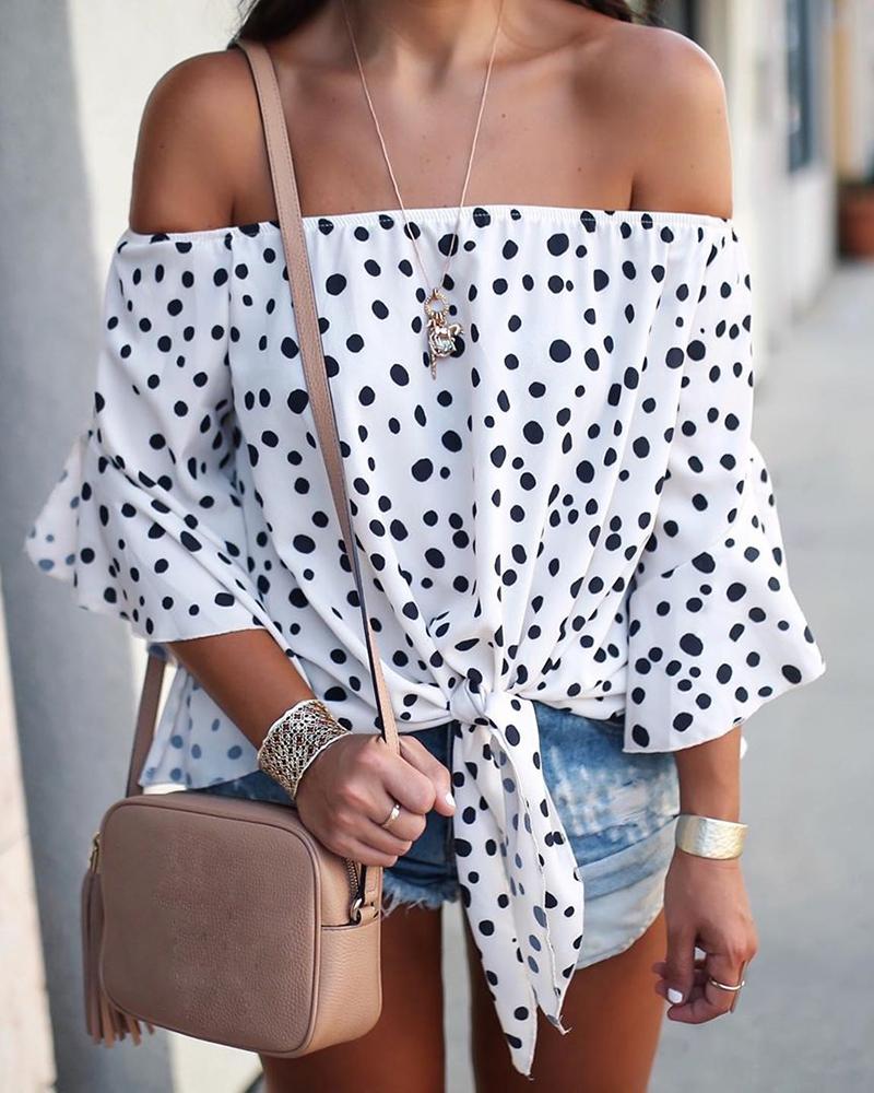 

Dot Off Shoulder Front Tie Knot Tops, White