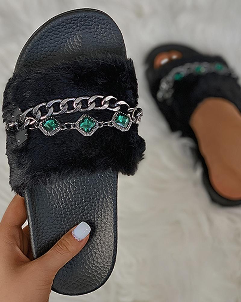 

Rhinestone Chain Strap Fluffy Slippers, Green