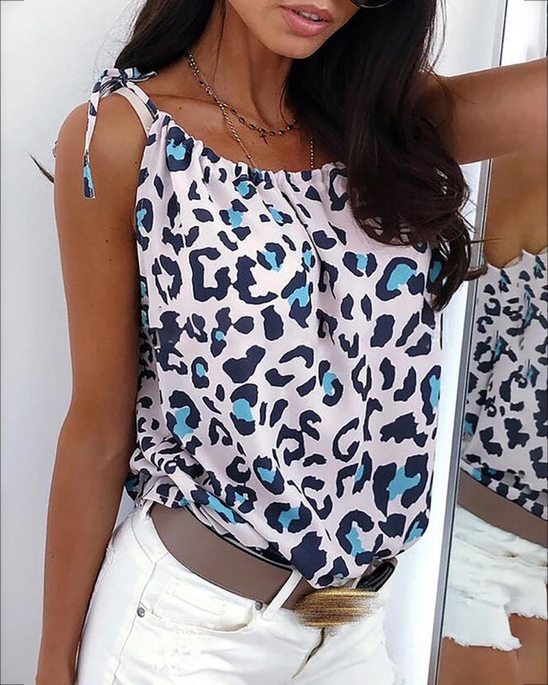 

Leopard Zebra Print Tied Detail Top, Blue