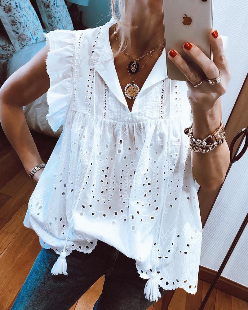 

Solid Hollow Out Lace Flutter Sleeve Blouse, White
