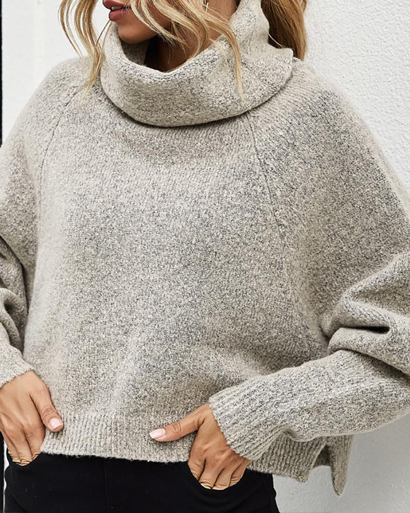 

High Neck Batwing Sleeve Slit Sweater, Gray