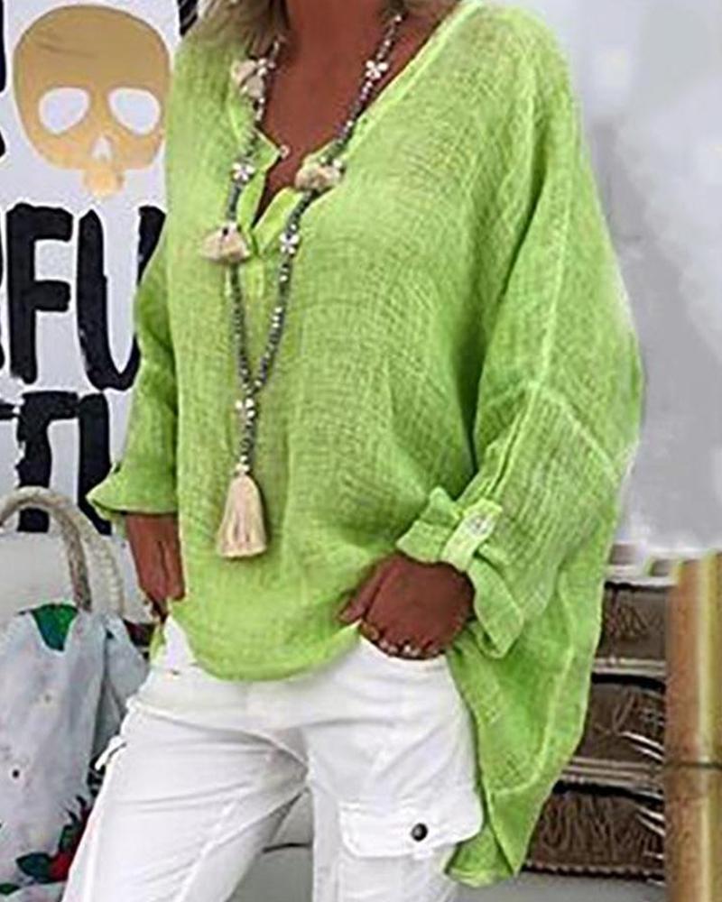 

Oversized V Neck Long Sleeve Blouse, Green