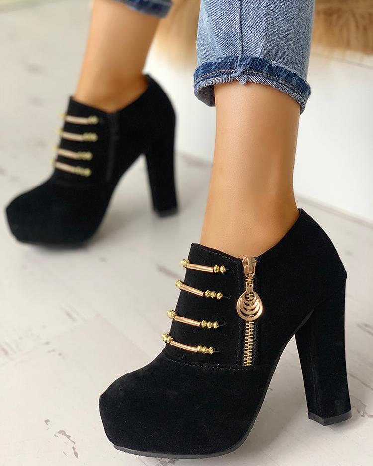 

Metallic Embellished Zipper Chunky Heeled Boots