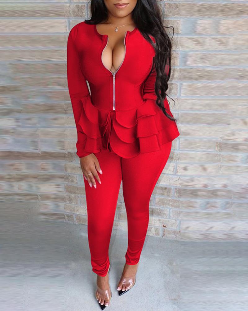 

Solid Zipper Design Layered Ruffles Top & Pants Sets, Red