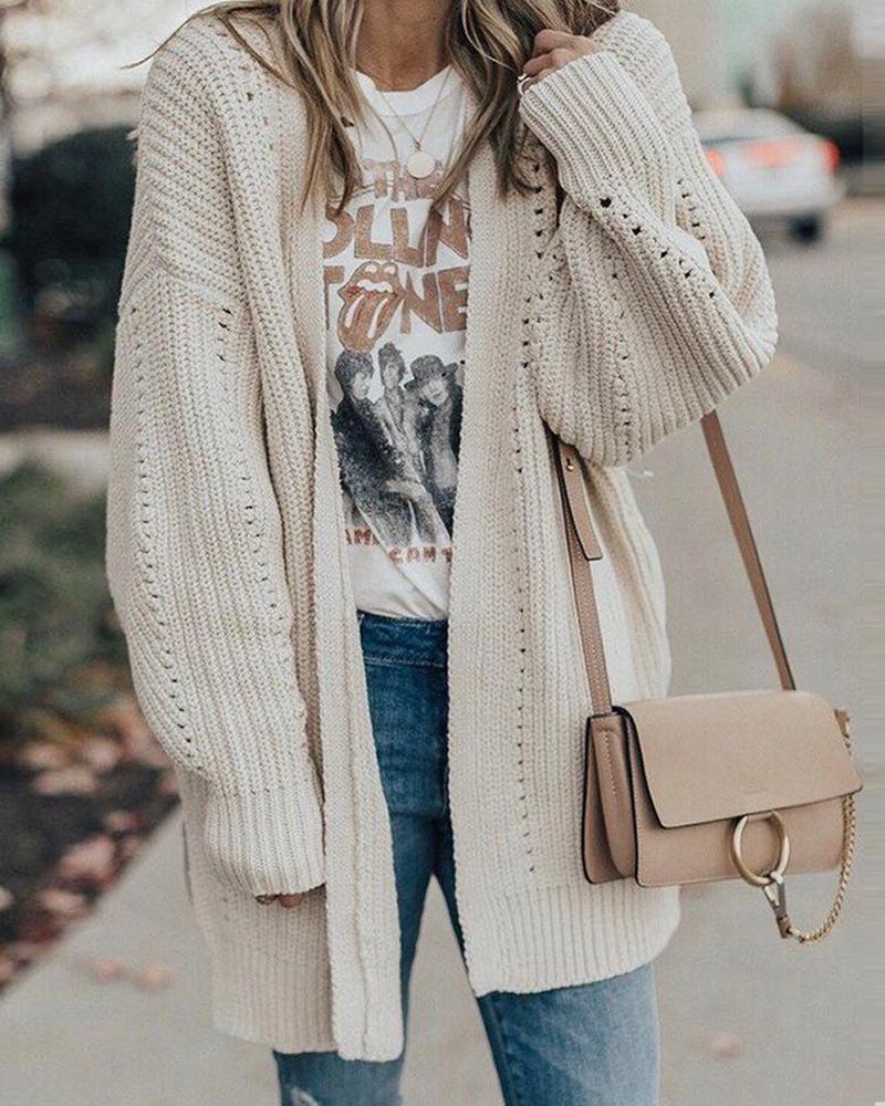 

Open Front Pointelle Knitted Cardigan, Beige