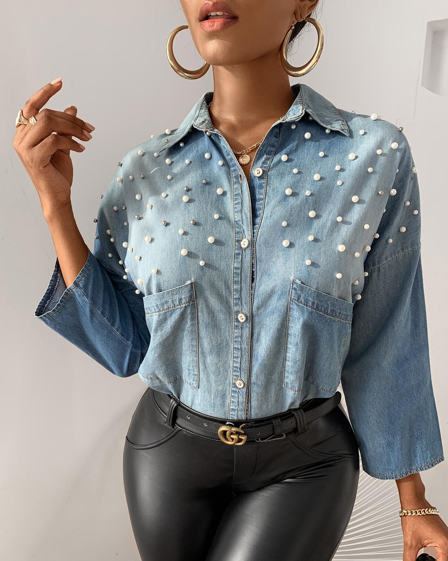 

Beaded Buttoned Pocket Design Denim Shirt, Blue