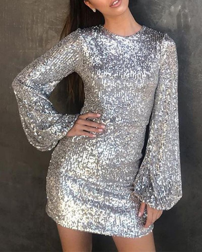 

Sequins Lantern Sleeve Bodycon Dress, Silver