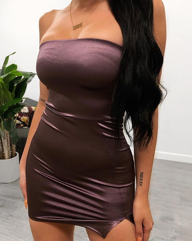 

Tube Solid Satin Bodycon Dress, Brown