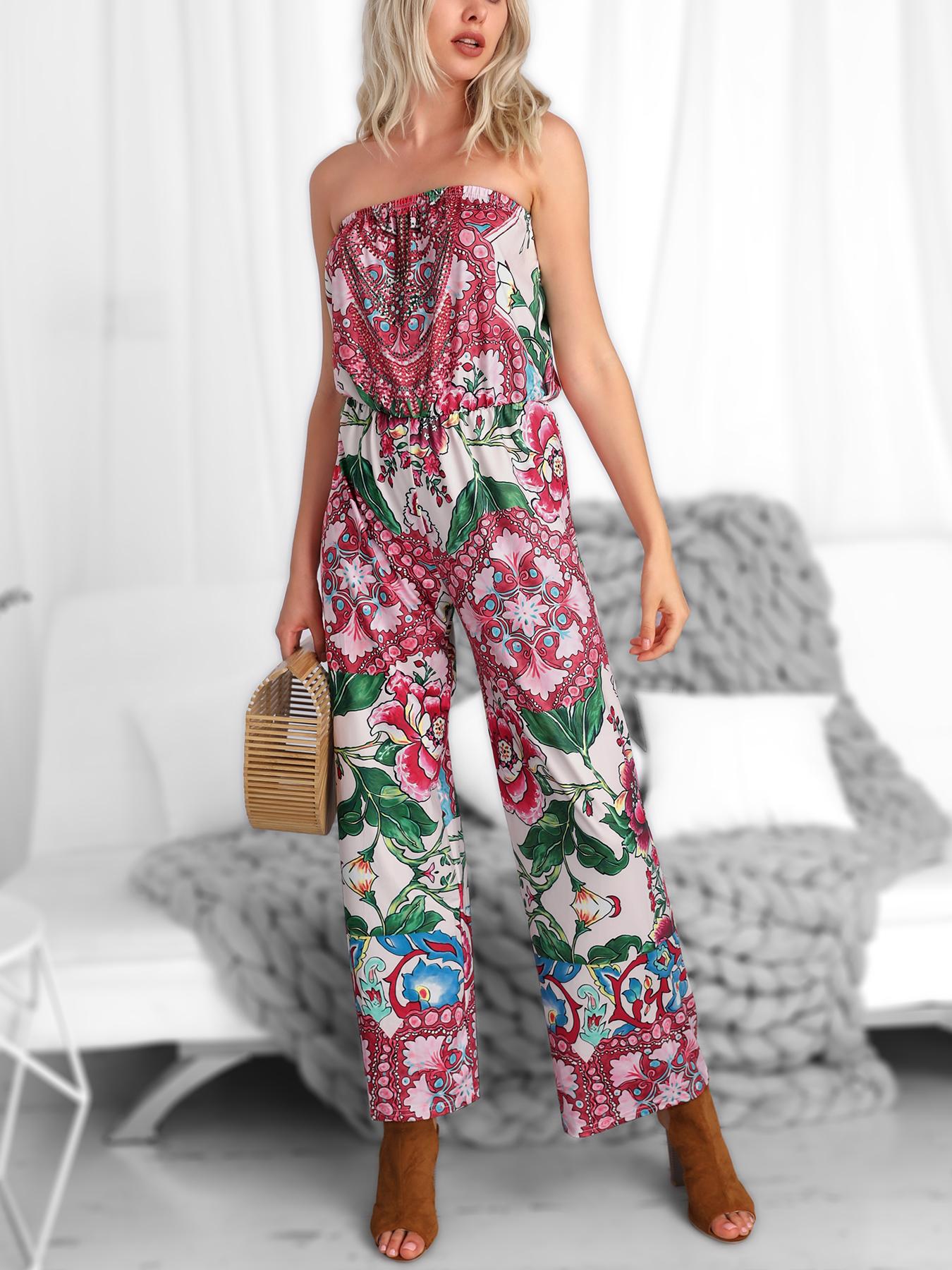 

Retro Print Strapless Wide Leg Jumpsuits, Pink
