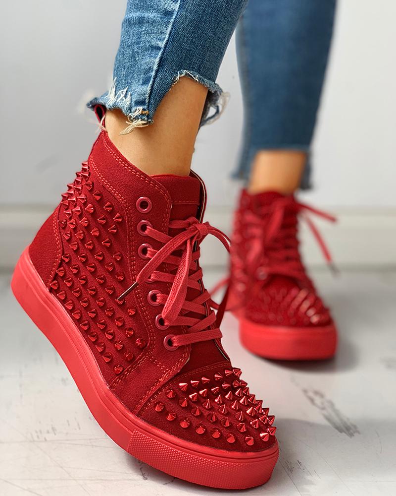 

Solid Studded Eyelet Lace-Up Casual Sneakers, Red