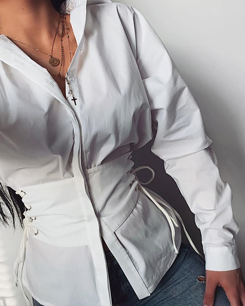 

Buttoned Eyelet Solid Casual Shirt, White