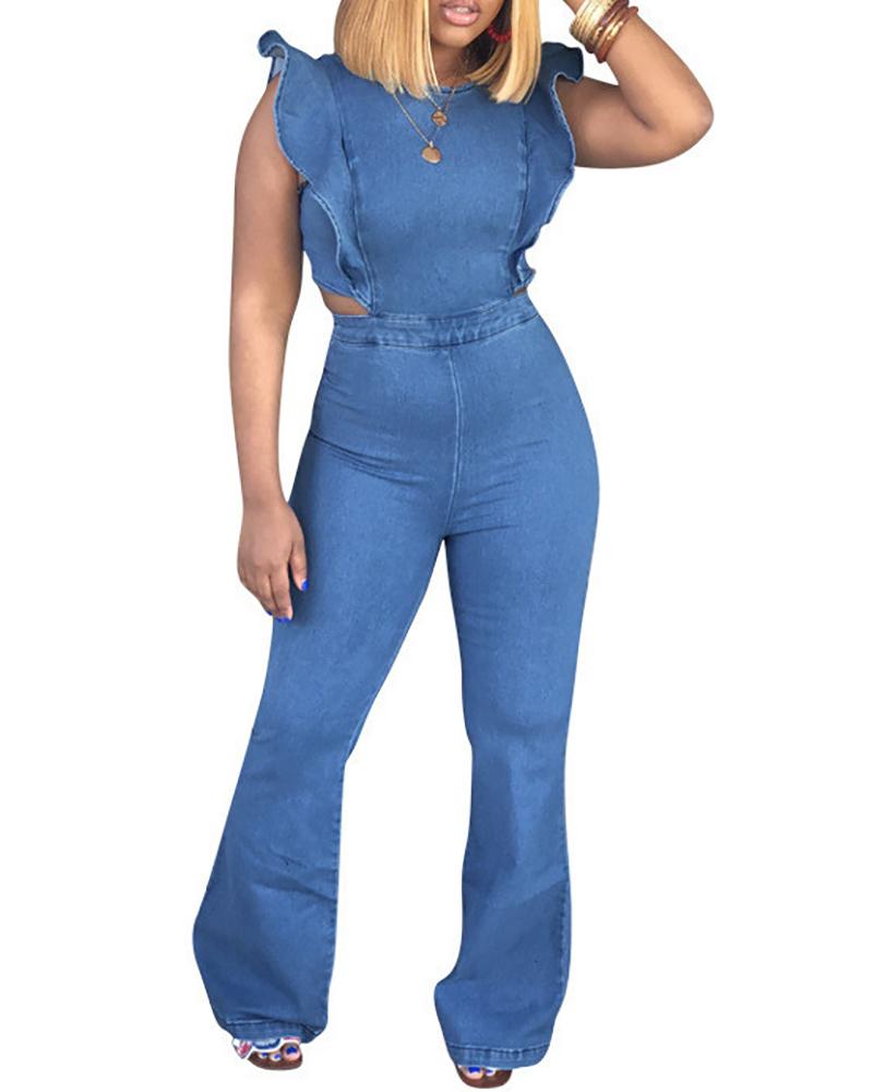 

Backless Ruffle Sleeve Denim Jumpsuit, Blue