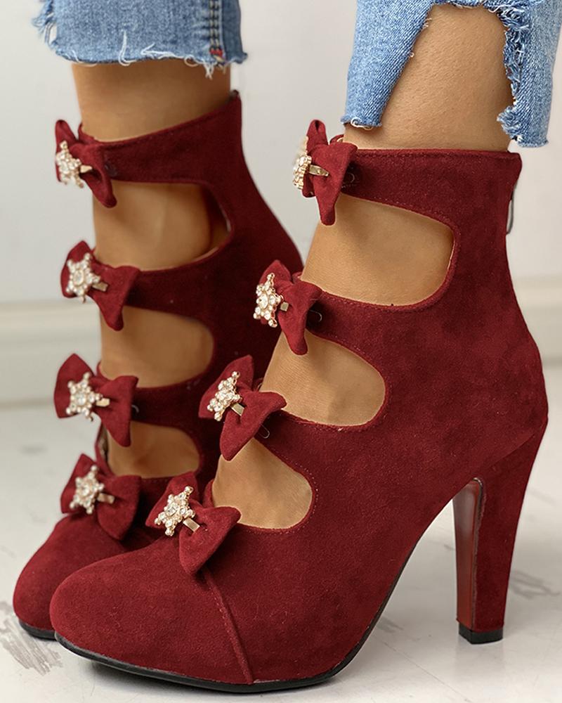 

Pu Bowknot Detail Cutout Heels, Wine red