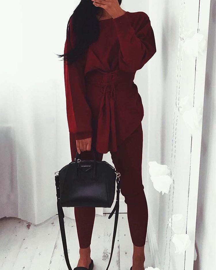 

Fashion Solid Lace-up Tied Waist Pantsuit, Wine red
