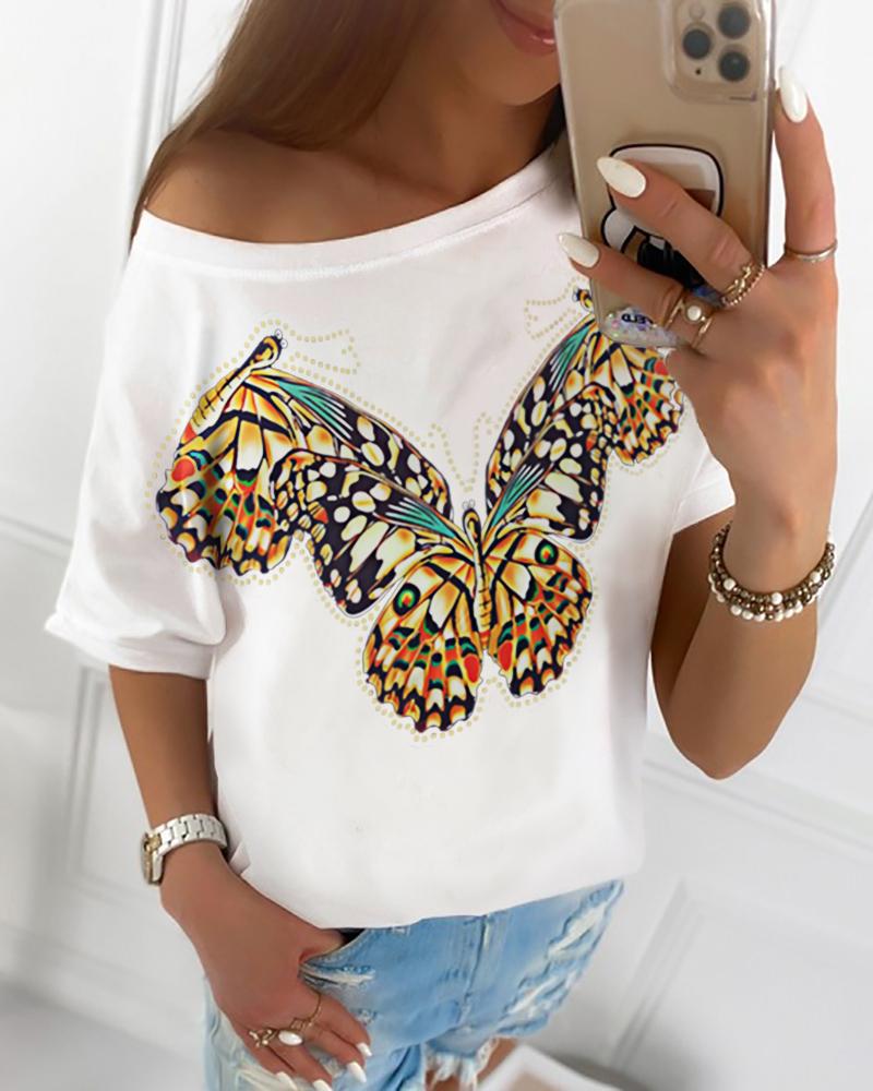 

Butterfly Print Short Sleeve Casual T-shirt, White