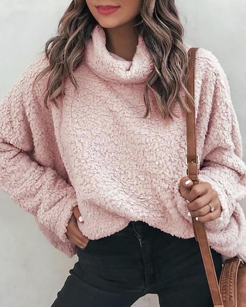 

High Neck Long Sleeve Teddy Top, Pink