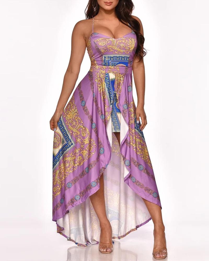 

Spaghetti Strap Baroque Print Lace-up Back Irregular Dress, Purple