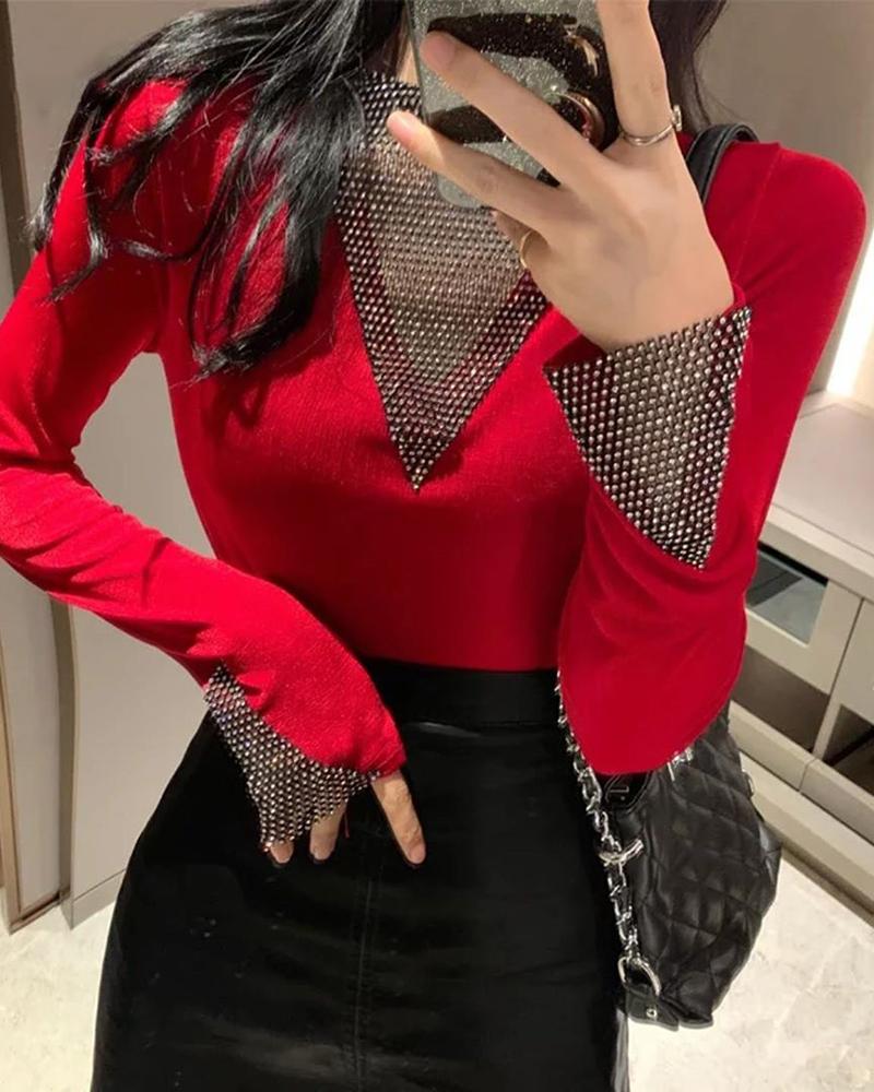 

Sequins Design Long Sleeve Blouse, Red