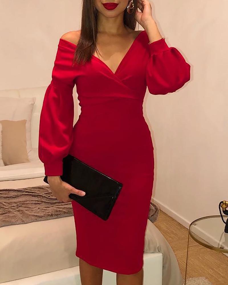 

Solid Puff Sleeve Bodycon Dress, Red