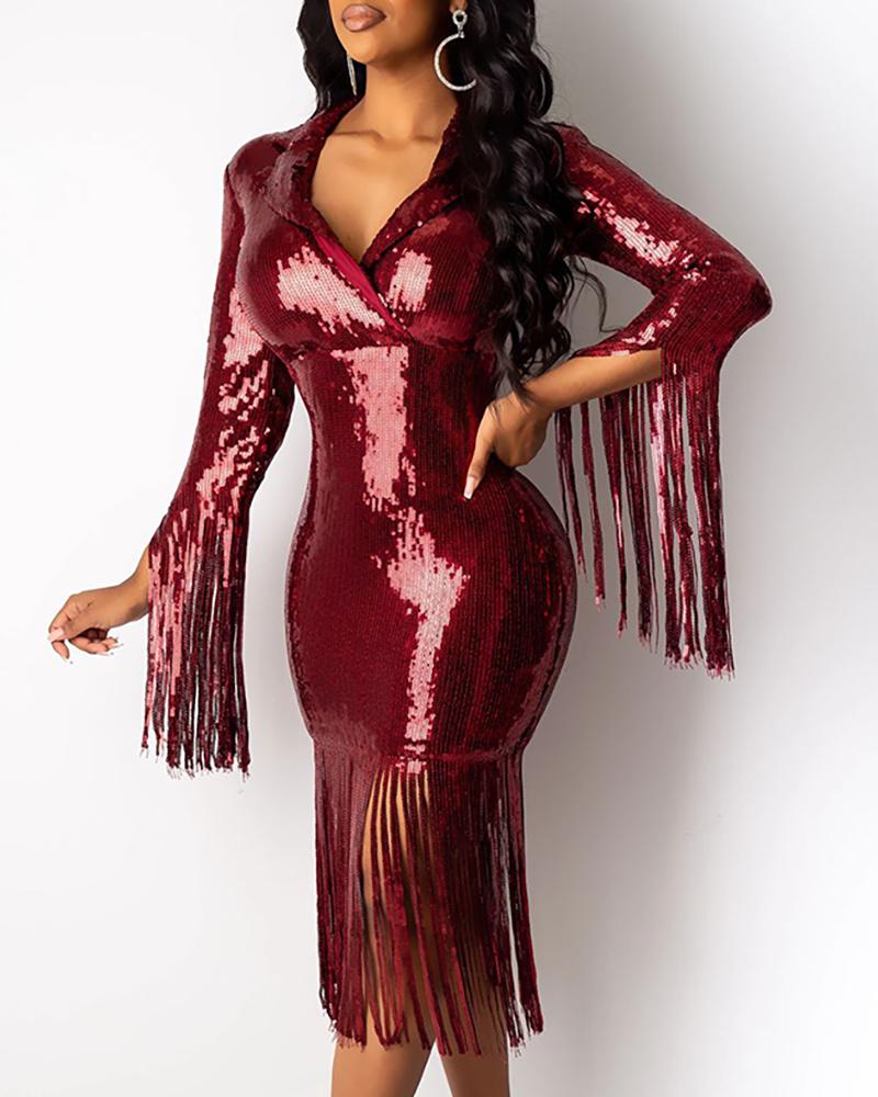 

Glitter V-Neck Zipper Design Tassel Sequins Bodycon Dress, Wine red