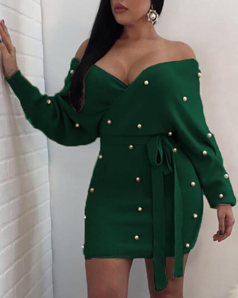 

V Neck Beaded Design Lantern Sleeve Bodycon Dress, Green