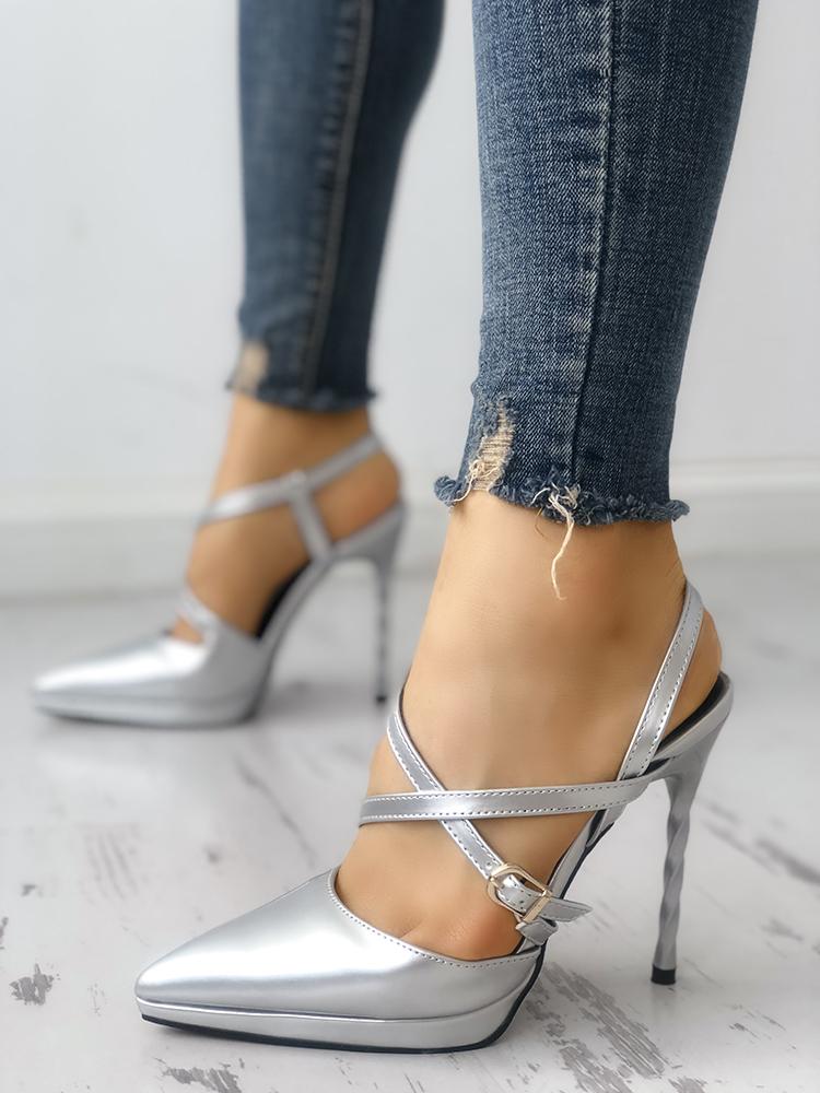 

Crisscross Buckled Pointed Toe Thin Heeled Sandals, Silver