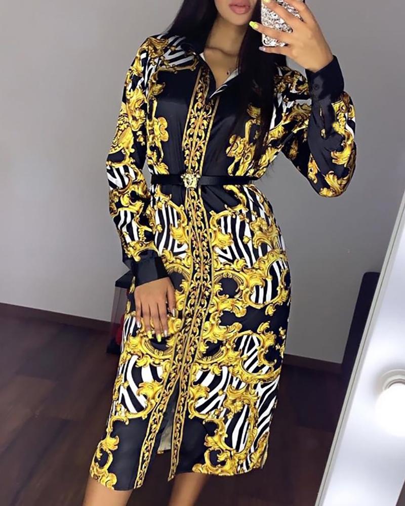 

Turn-down Collar Retro Print Long Sleeve Shirt Dress, Multicolor