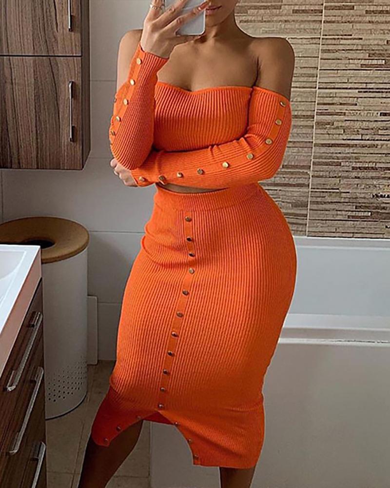

Solid Off Shoulder Buttoned Crop Top & Skirt Sets, Orange
