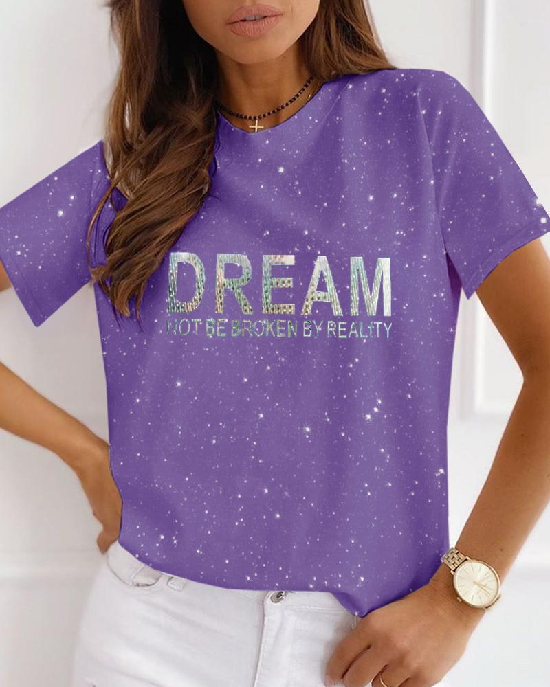 

Letter Print Short Sleeve Casual T-shirt, Purple