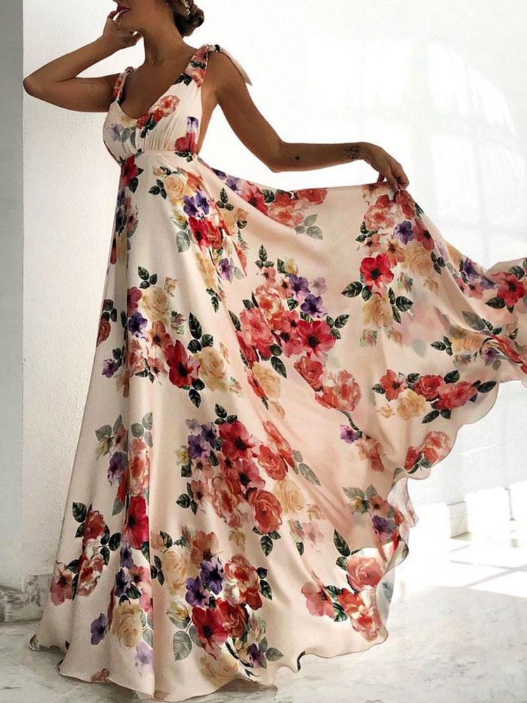 

Floral Print Tied Shoulder Backless Maxi Dress