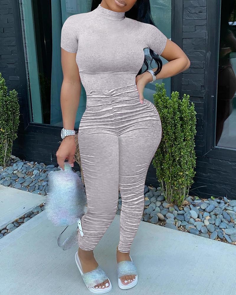 

Ruched Short Sleeve Fitted Jumpsuit, Gray