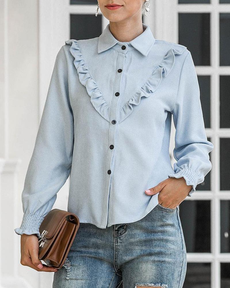 

Ruffle Trim Button Up Shirt, Blue