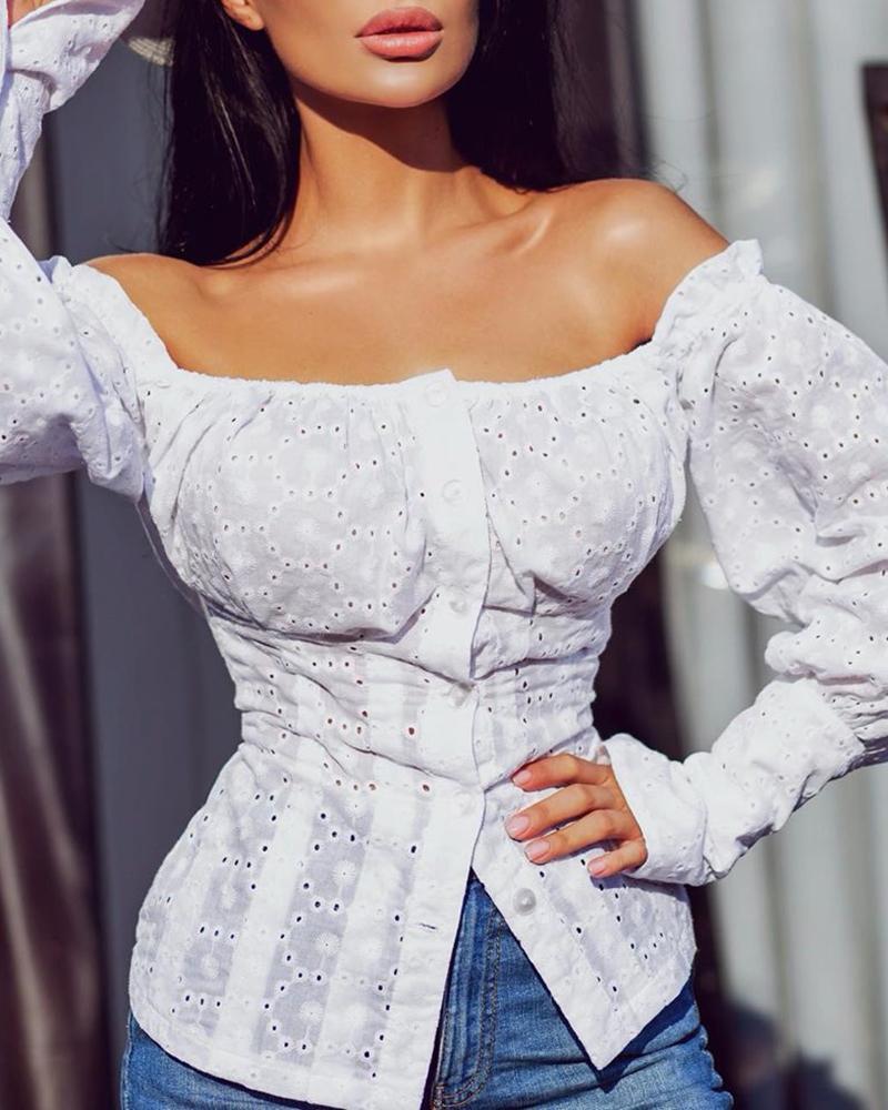 

Eyelet Hollow Out Straight Across Buttoned Blouse, White