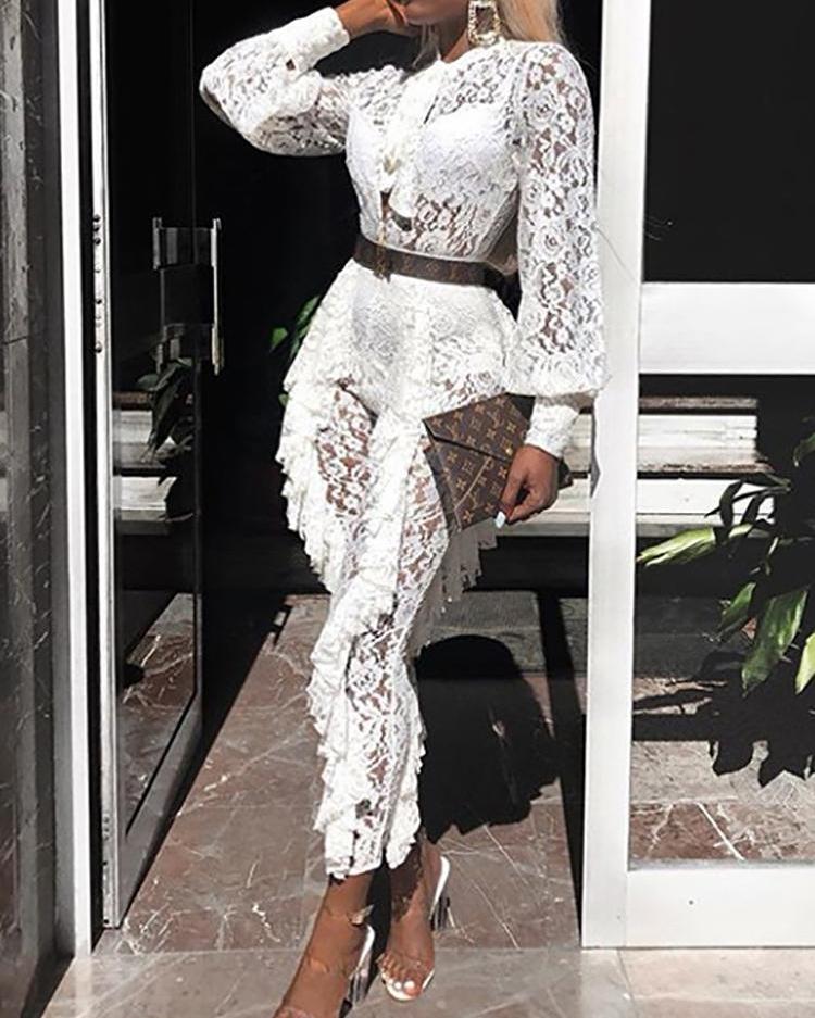 

Lace See Through Lantern Sleeve Frills Design Jumpsuit, White