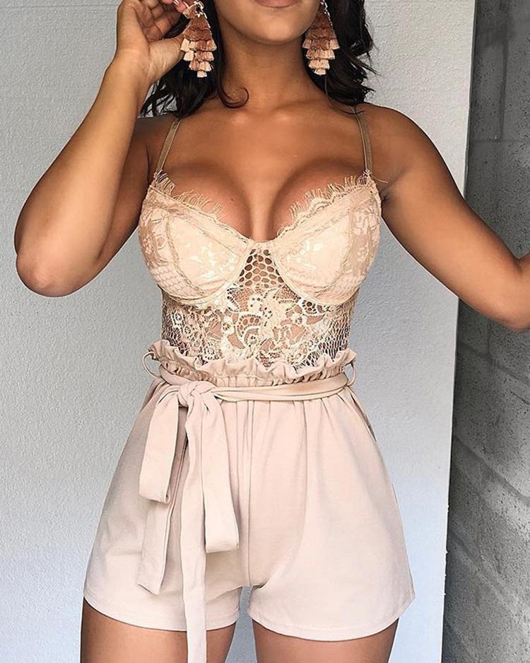 

Spaghetti Strap Eyelash Lace Insert Rompers, Beige
