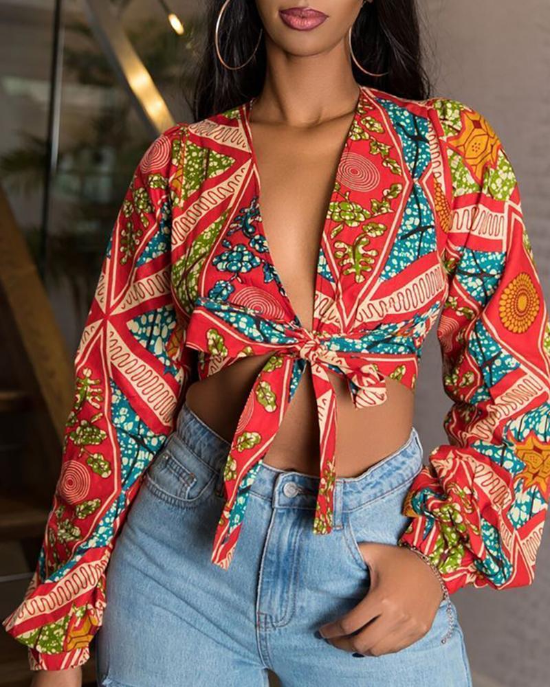

Scarf Print Knotted Casual Blouse