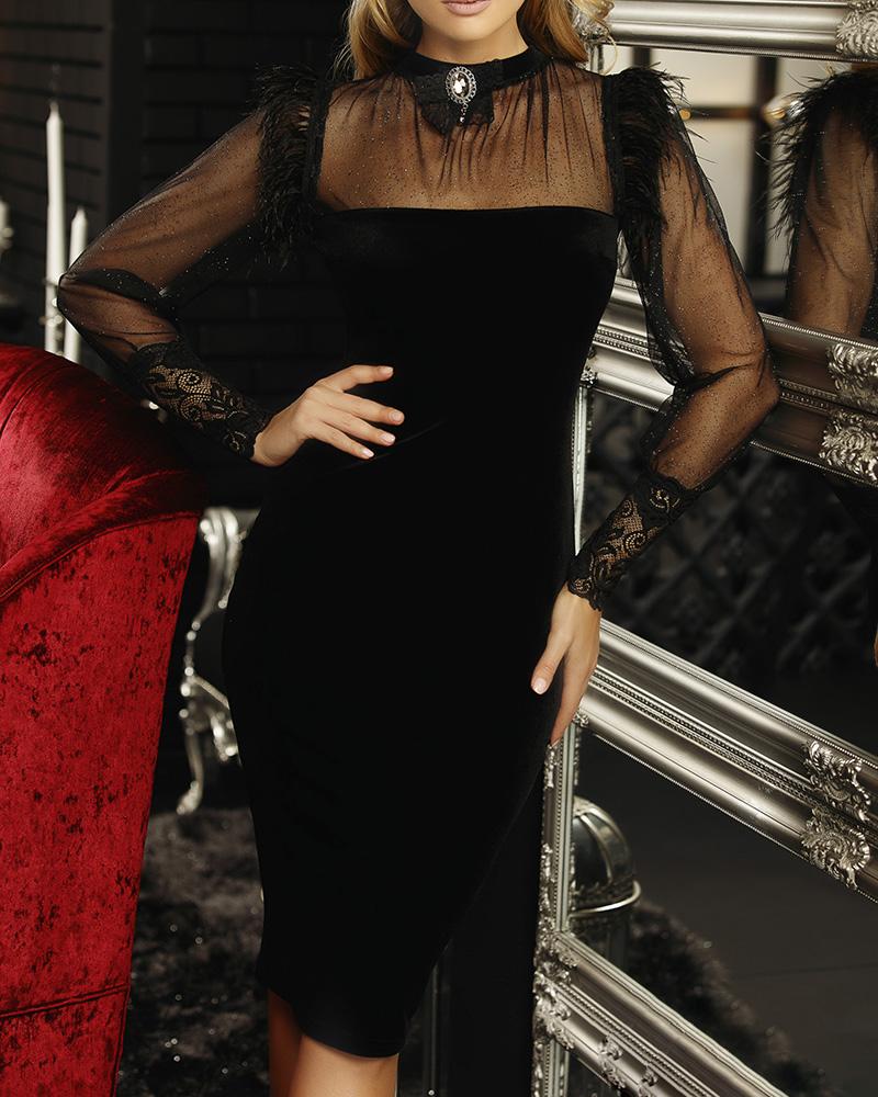 

Semi Sheer Mesh Velvet Midi Dress, Black