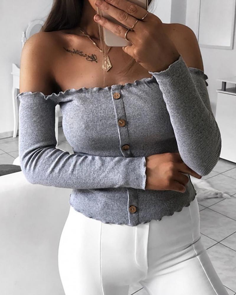 

Plain Off Shoulder Button Design Frill Hem Top, Gray