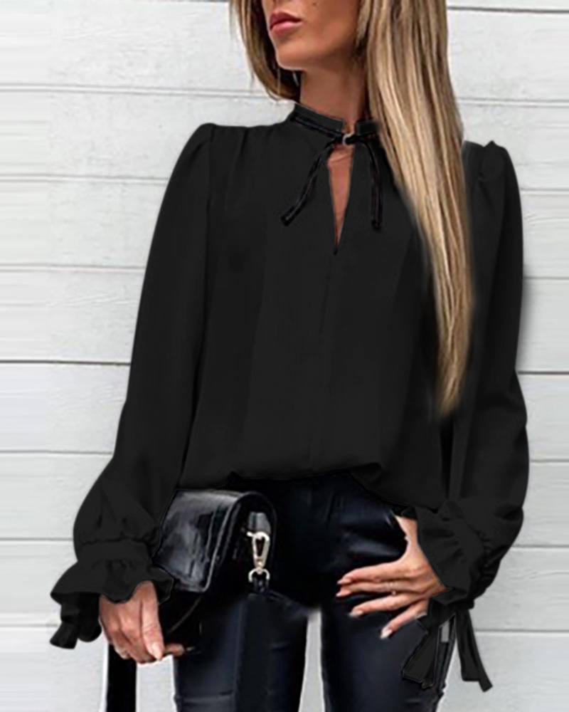 

Solid Ruffles Cuff Tied Neck Shirt, Black