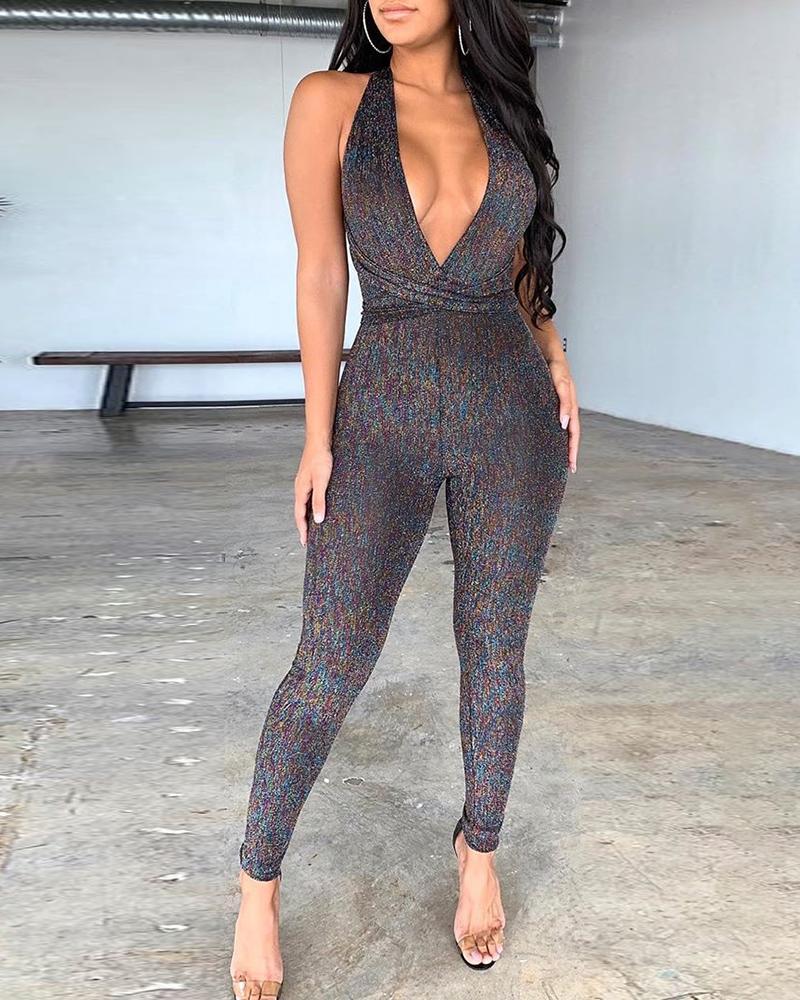

Halter Open Back Sleeveless Jumpsuit, Gray