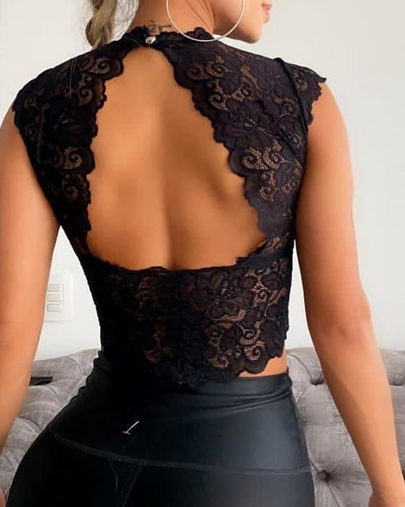 

Cutout Backless Lace Trim Crop Top, Black