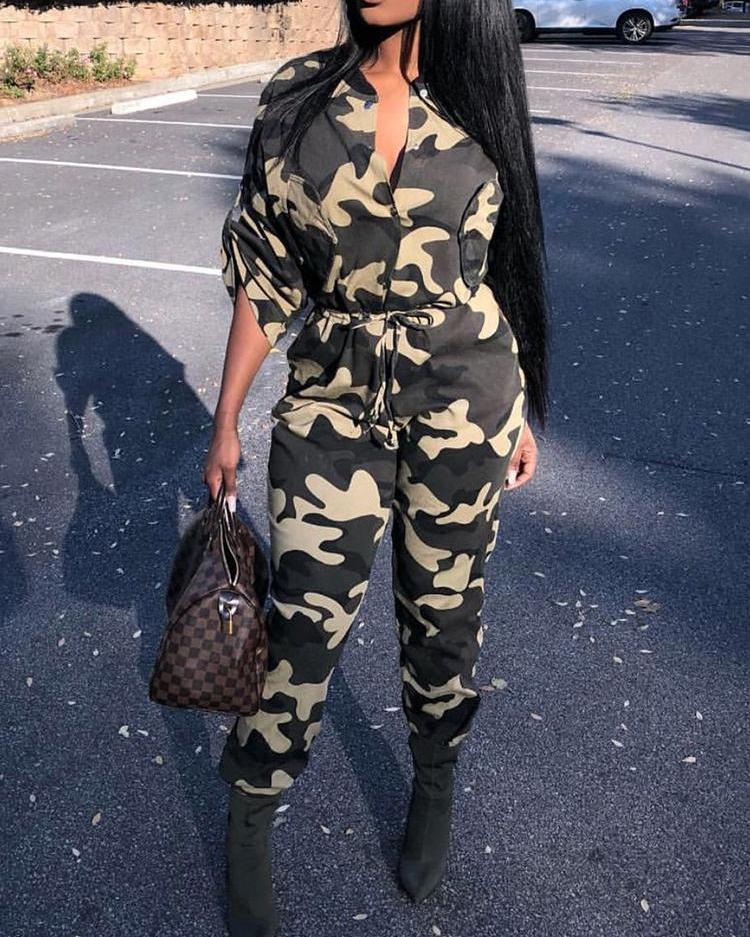 

Camouflage Print Drawstring Roll-Up Sleeve Jumpsuit