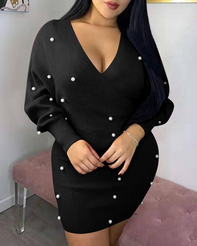 

Beaded V-Neck Bodycon Sweater Dress, Black