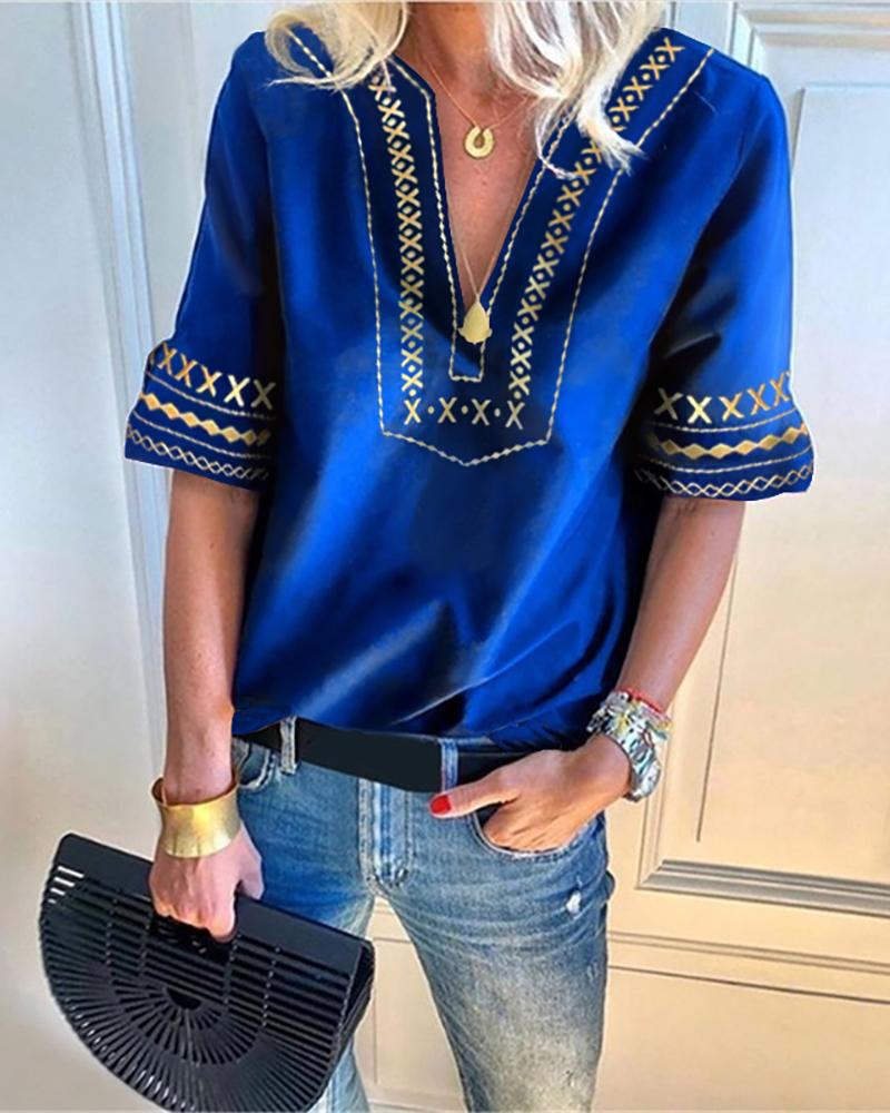 

Ethnic Print V-Neck Casual Blouse, Blue