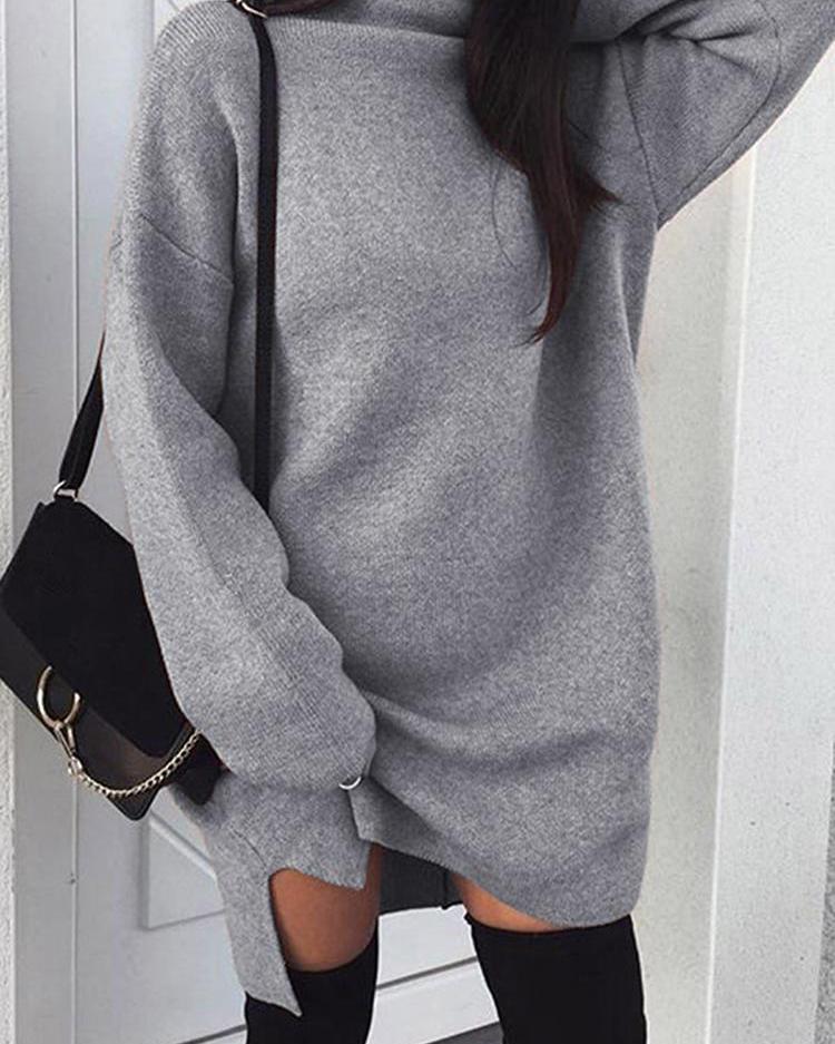 

Solid High Neck Slit Casual Dress, Gray