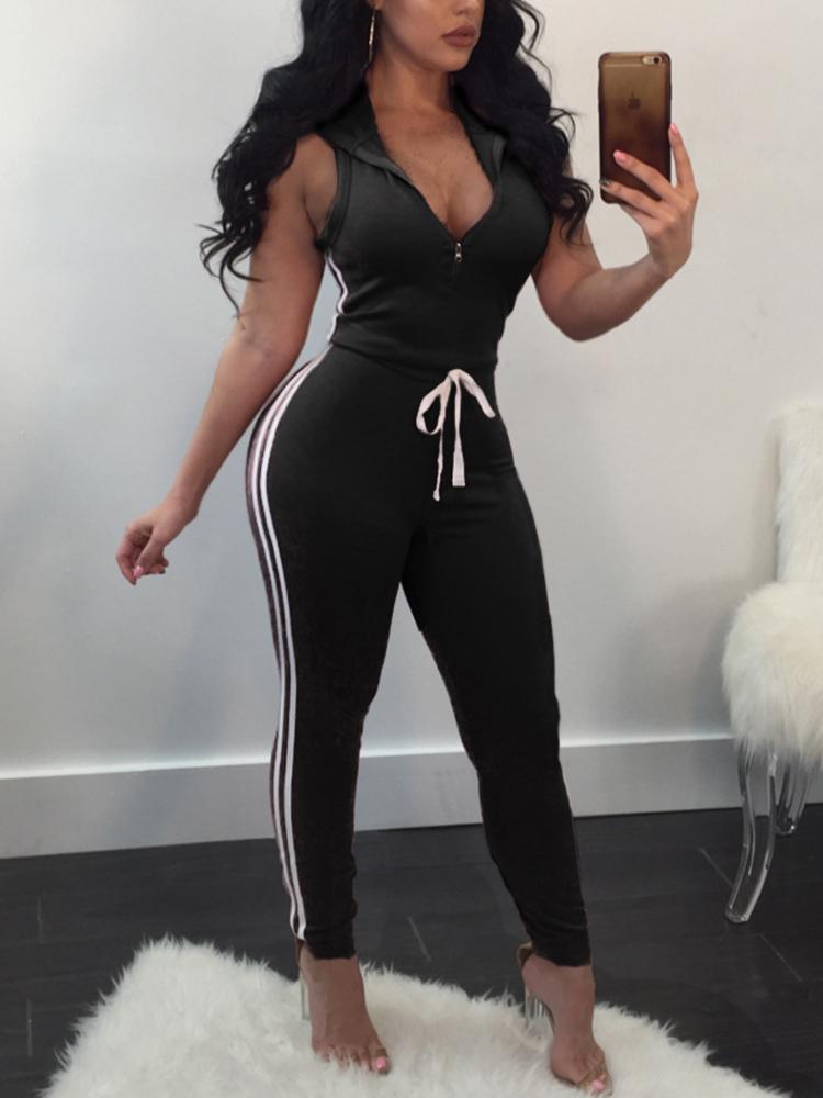 

Striped Side Drawstring Hooded Skinny Jumpsuit