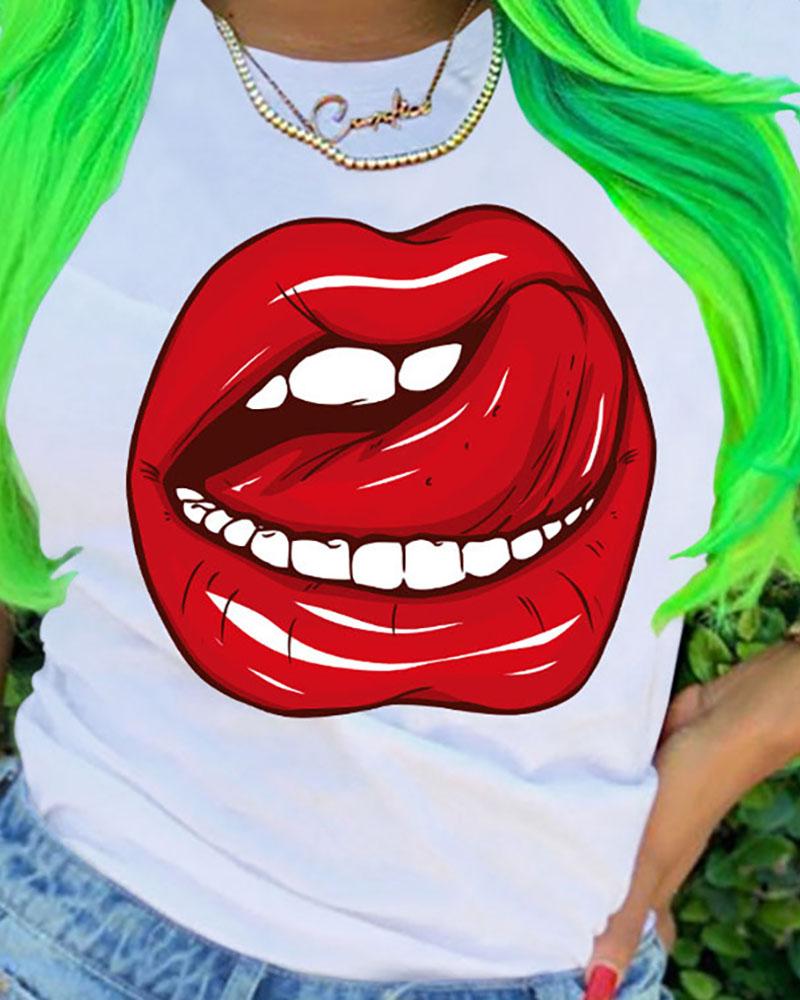

Lip Print Short Sleeve Casual T-shirt, White
