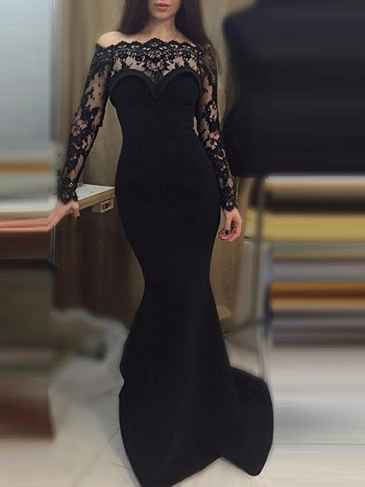 

Eyelash Lace Mesh Splicing Evening Dress, Black